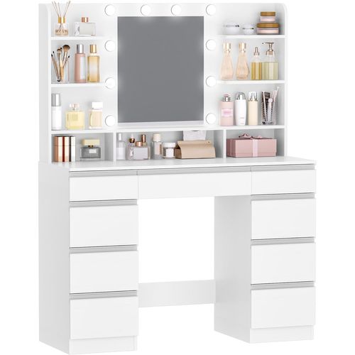 Coiffeuse Avec 10 Globes Lumineux LED, 3 Couleurs, Luminosité Réglable, Grand Miroir Hd, Blanc-or