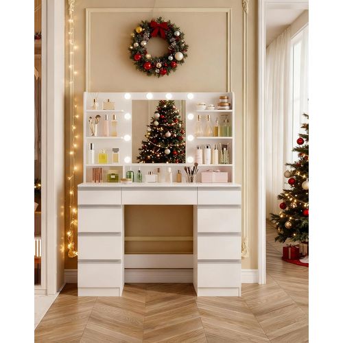 Coiffeuse Avec 10 Globes Lumineux LED, 3 Couleurs, Luminosité Réglable, Grand Miroir Hd, Blanc-or