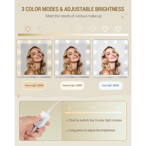 Coiffeuse Avec 10 Globes Lumineux LED, 3 Couleurs, Luminosité Réglable, Grand Miroir Hd, Blanc-or