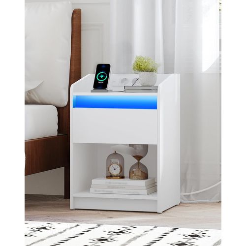 Table De Nuit Avec Lumière LED, Table D'appoint Avec Station De Charge, Salon, 2 Ports USB, Blanc