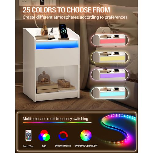 Table De Nuit Avec Lumière LED, Table D'appoint Avec Station De Charge, Salon, 2 Ports USB, Blanc