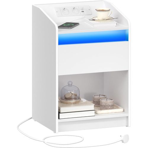 Table De Nuit Avec Lumière LED, Table D'appoint Avec Station De Charge, Salon, 2 Ports USB, Blanc