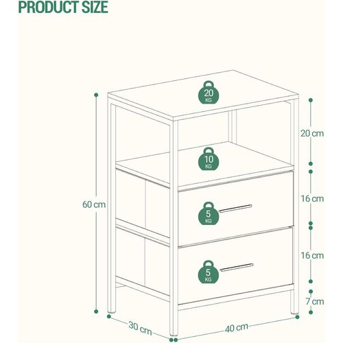Table De Chevet Lot De 2, Table D'appoint Avec 2 Tiroirs De Rangement En Tissu, Cubicule Ouvert