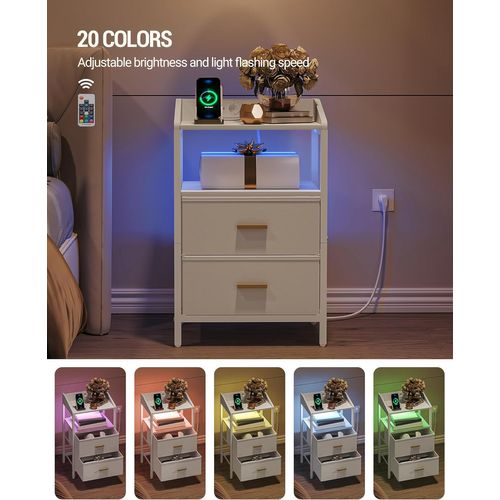 Tables De Nuit Lot De 2 Avec Éclairage LED, Tables De Chevet Avec 2 Tiroirs De Rangement En Tissu