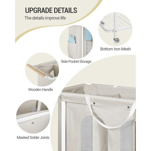 Panier à Linge à 3 Compartiments, Panier à Linge à Roulettes, Chariot à Linge Pour Buanderie, Beige
