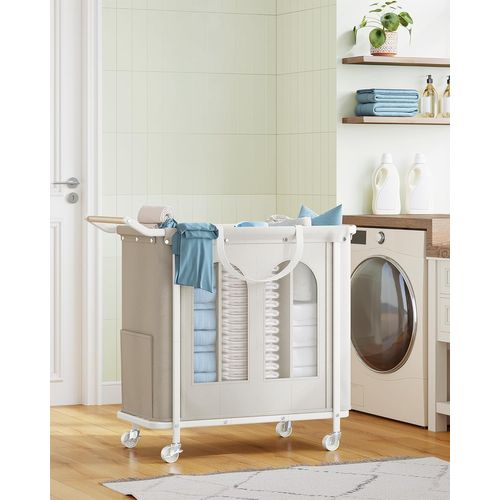 Panier à Linge à 3 Compartiments, Panier à Linge à Roulettes, Chariot à Linge Pour Buanderie, Beige