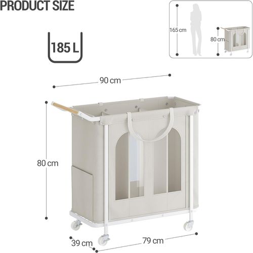 Panier à Linge à 3 Compartiments, Panier à Linge à Roulettes, Chariot à Linge Pour Buanderie, Beige