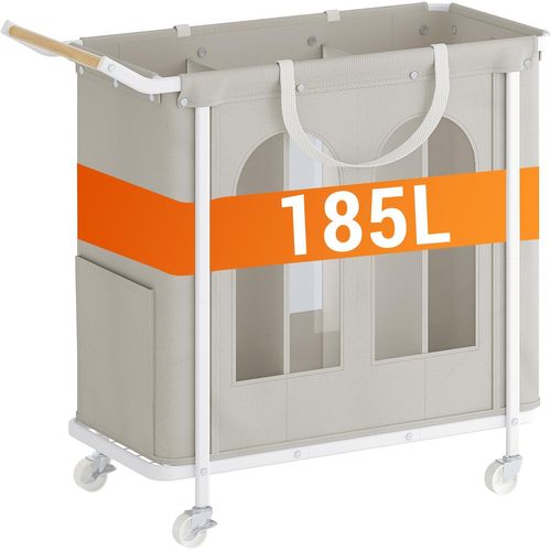 Panier à Linge à 3 Compartiments, Panier à Linge à Roulettes, Chariot à Linge Pour Buanderie, Beige