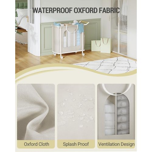 Panier à Linge à 3 Compartiments, Panier à Linge à Roulettes, Chariot à Linge Pour Buanderie, Beige