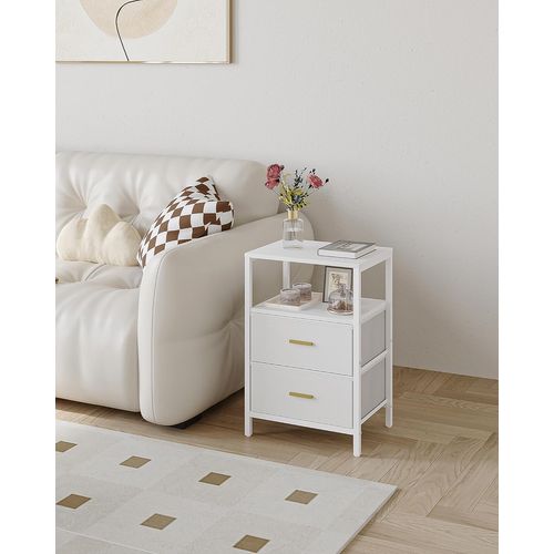 Table De Chevet Lot De 2, Table D'appoint Avec 2 Tiroirs De Rangement En Tissu, Blanc