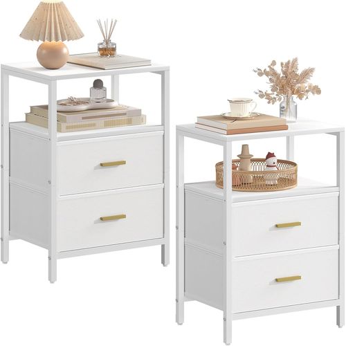 Table De Chevet Lot De 2, Table D'appoint Avec 2 Tiroirs De Rangement En Tissu, Blanc