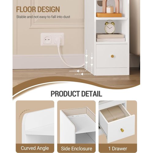 Table De Chevet Lot De 2, Avec Multiprise, Espace De Rangement à 3 Niveaux Avec 1 Tiroir, Blanc