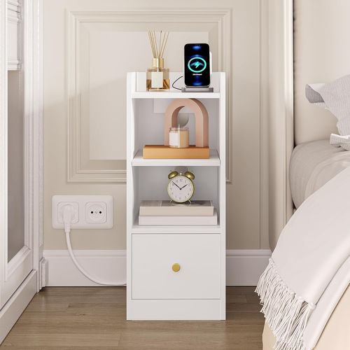 Table De Chevet Lot De 2, Avec Multiprise, Espace De Rangement à 3 Niveaux Avec 1 Tiroir, Blanc