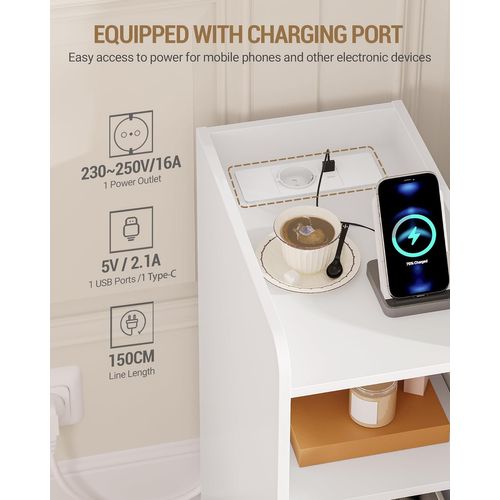 Table De Chevet Lot De 2, Avec Multiprise, Espace De Rangement à 3 Niveaux Avec 1 Tiroir, Blanc