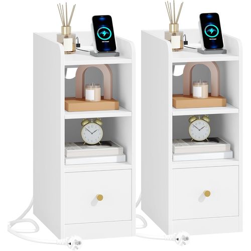 Table De Chevet Lot De 2, Avec Multiprise, Espace De Rangement à 3 Niveaux Avec 1 Tiroir, Blanc
