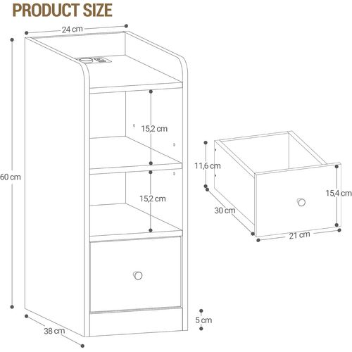 Table De Chevet Lot De 2, Avec Multiprise, Espace De Rangement à 3 Niveaux Avec 1 Tiroir, Blanc