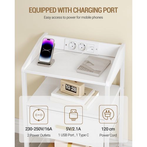 Table De Chevet Lot De 2, Table D'appoint Avec Multiprise, Pour Chambre à Coucher, Salon, Blanc