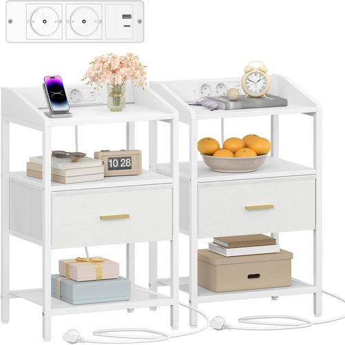 Table De Chevet Lot De 2, Table D'appoint Avec Multiprise, Pour Chambre à Coucher, Salon, Blanc