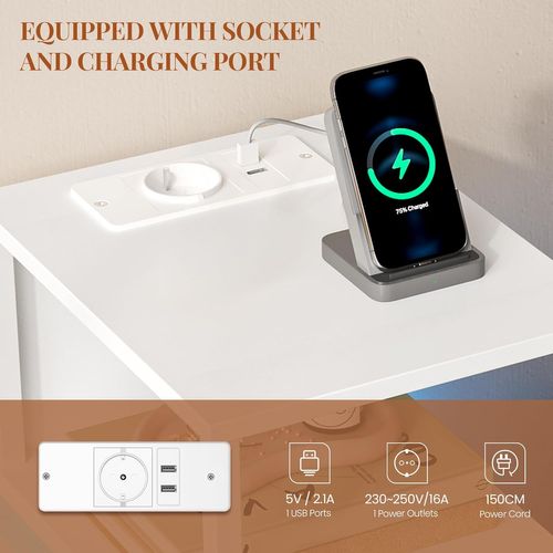 Table De Nuit, Lot De 2, Tables D’appoint Avec Ports USB Et Prises, Pour Chambre à Coucher Blanc