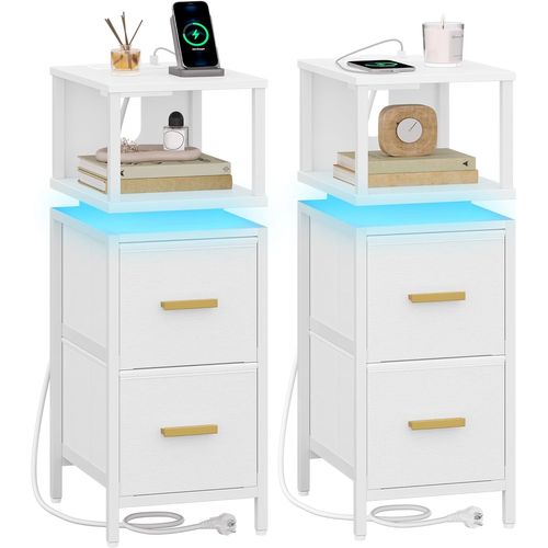 Table De Nuit, Lot De 2, Tables D’appoint Avec Ports USB Et Prises, Pour Chambre à Coucher Blanc
