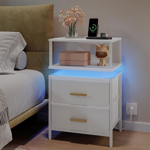 Table De Chevet, Table De Chevet Éclairée,pour Chambre à Coucher, Salon, 30,1 X 40,2 X 62,1 Cm Blanc