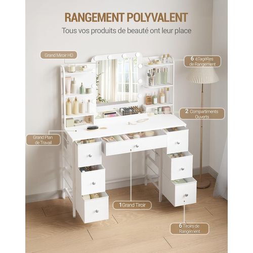 Coiffeuse Avec Éclairage LED, Coiffeuse Avec Grand Miroir Hd, 7 Tiroirs Et 6 Étagères De Rangement
