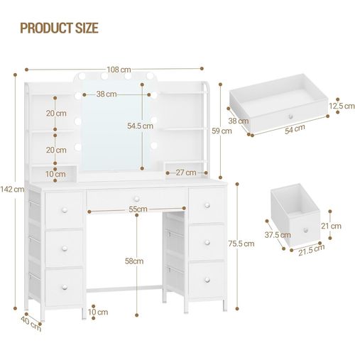 Coiffeuse Avec Éclairage LED, Coiffeuse Avec Grand Miroir Hd, 7 Tiroirs Et 6 Étagères De Rangement