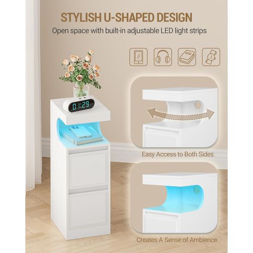 Table De Chevet Avec Bande LED, Tables D'appoint Avec 2 Tiroirs, Pour Chambre à Coucher, Salon