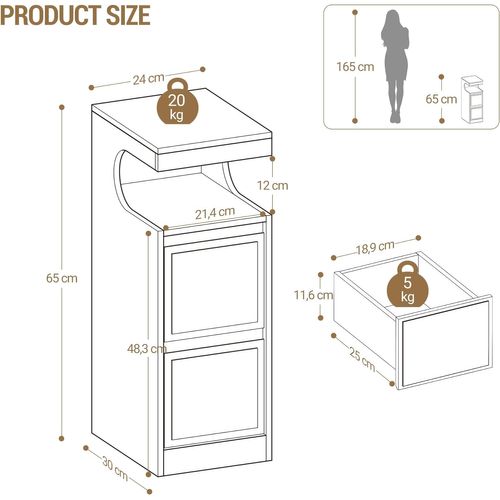 Table De Chevet Avec Bande LED, Tables D'appoint Avec 2 Tiroirs, Pour Chambre à Coucher, Salon