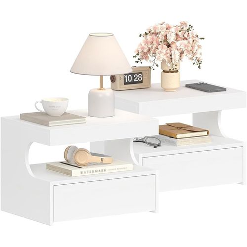 Table De Chevet Suspendue Lot De 2, Étagère Murale Avec Espace Ouvert, Pour Chambre à Coucher, Blanc