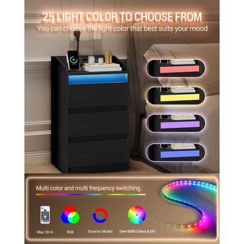 Table De Chevet Avec 3 Tiroirs, 2 Prises Ca Et 2 Ports USB Pour Chambre à Coucher, Salon, Noir