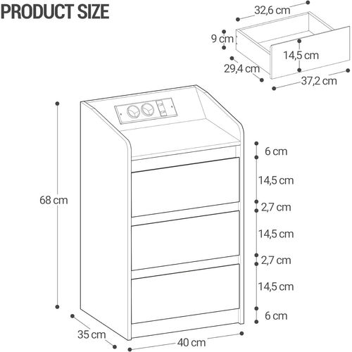 Table De Chevet Avec 3 Tiroirs, 2 Prises Ca Et 2 Ports USB Pour Chambre à Coucher, Salon, Noir