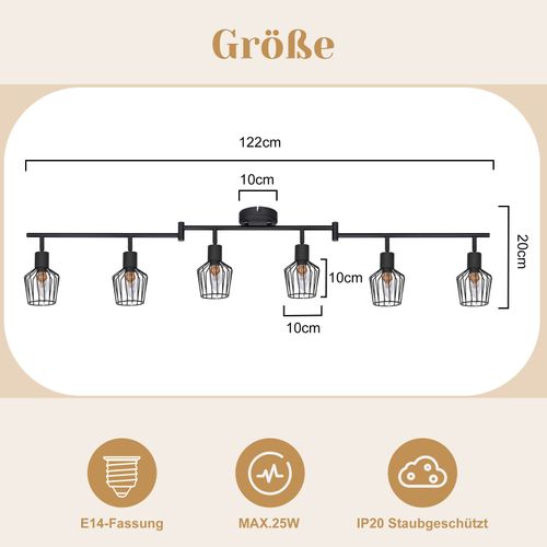 Spot 6 Têtes E14 Noir - Style Rétro Orientable 350°, Pour Couloir Ou Chambre Plafonnier