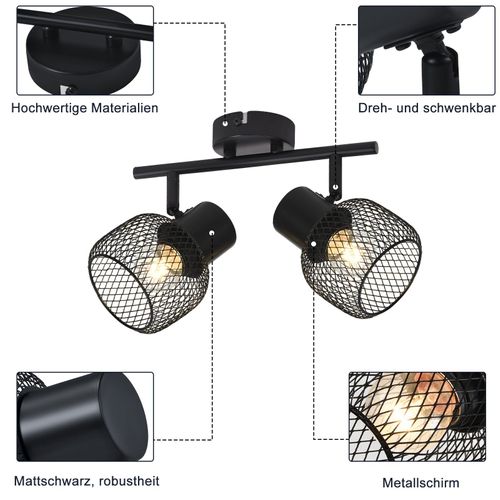 Plafonnier 2 Spots E27 Max. 25w Vintage 2 Ampoules Spot D'intérieur Rotatif à 330°en Métal Noir