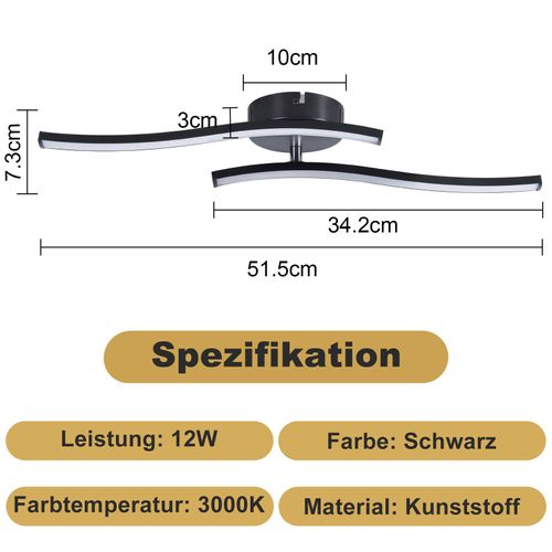 Plafonnier Salon LED Plafonnier Chambre Moderne Noir 12w 3000k Intérieur Blanc Chaud