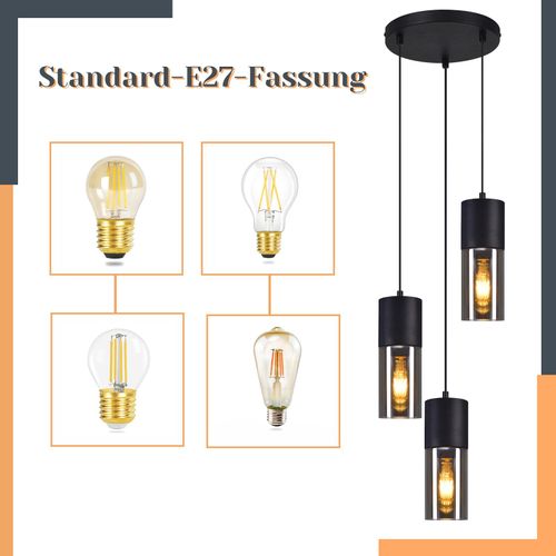 Suspension Salle à Manger 3 Feux Noir E27 Lampe à Suspension Pour Cuisine Couloir