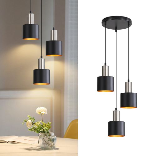 Suspension Salle à Manger 3 Flammes Noir Or Suspendu 170cm Vintage Lampe Industrielle