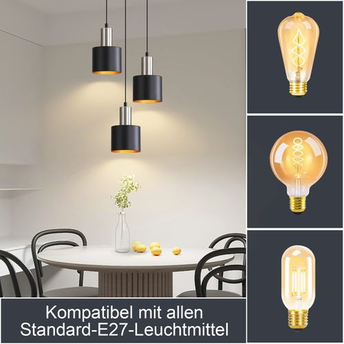 Suspension Salle à Manger 3 Flammes Noir Or Suspendu 170cm Vintage Lampe Industrielle