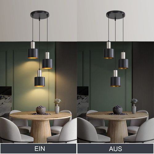 Suspension Salle à Manger 3 Flammes Noir Or Suspendu 170cm Vintage Lampe Industrielle