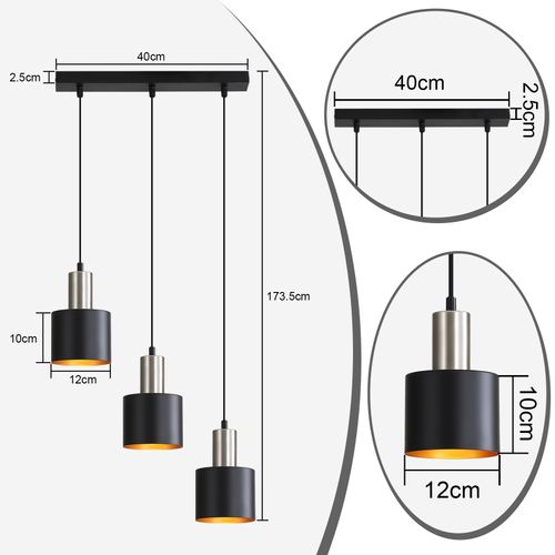 Suspension Vintage Industrielle 3 Lumières Noir Doré Abat-jour Métal  E27 Longueur Réglable