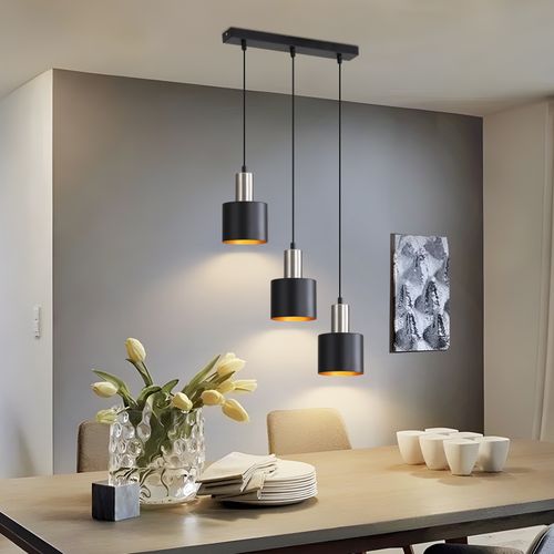 Suspension Vintage Industrielle 3 Lumières Noir Doré Abat-jour Métal  E27 Longueur Réglable