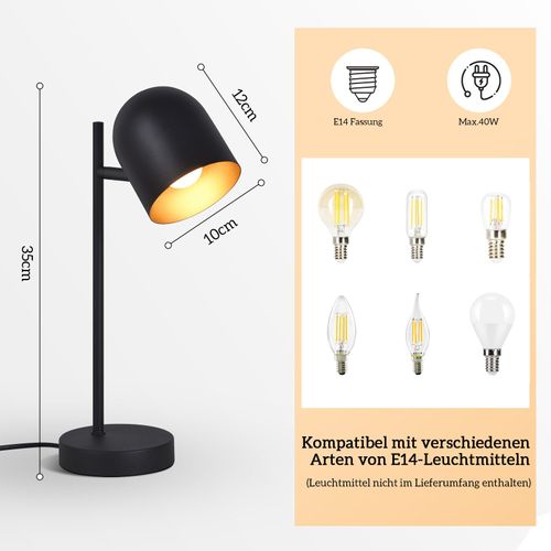 Lampe De Table Salon Noir Or Métal Orientable 350° E14 Lampe De Chevet