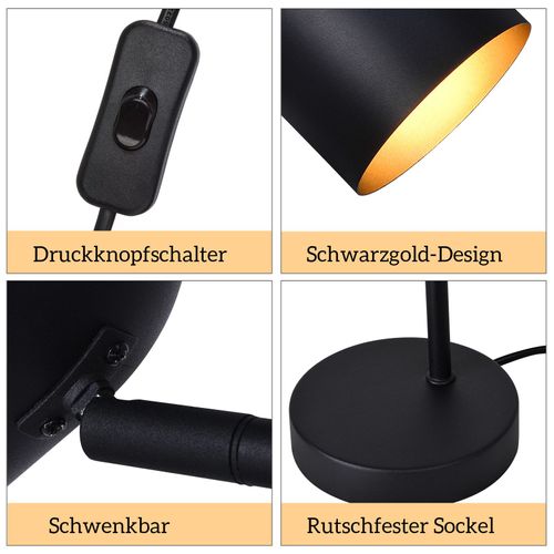 Lampe De Table Salon Noir Or Métal Orientable 350° E14 Lampe De Chevet