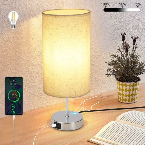 Lampe De Table Touch-dimmable Avec Fonction De Recharge USB Et Abat-jour En Tissu