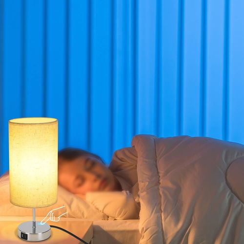 Lampe De Table Tactile Argenté Avec Fonction De Recharge USB Et Abat-jour En Tissu