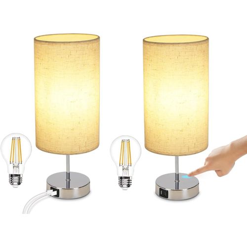 Lampe De Table Tactile Argenté Avec Fonction De Recharge USB Et Abat-jour En Tissu