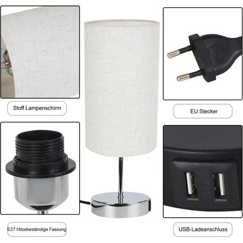 Lampe De Table Tactile Argenté Avec Fonction De Recharge USB Et Abat-jour En Tissu