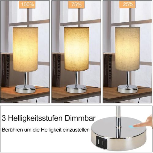 Lampe De Table Tactile Argenté Avec Fonction De Recharge USB Et Abat-jour En Tissu