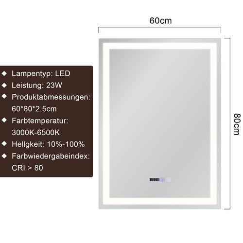 Miroir De Salle De Bain Avec Éclairage LED Salle De Bain Avec Fonction Tactile Blanc Miroir Mural