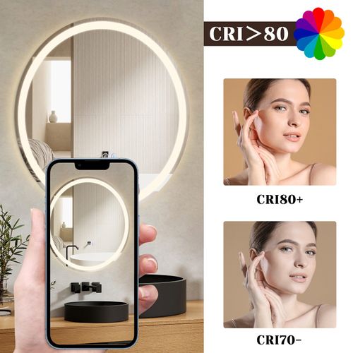 Miroir De Salle De Bain LED 50cm Avec Fonction Antibuée Ip44 Rond Blanc Gradable